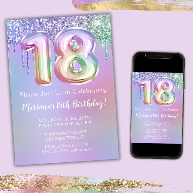 18th Birthday Party Invitation Purple Pink Glitter (Creator Uploaded)