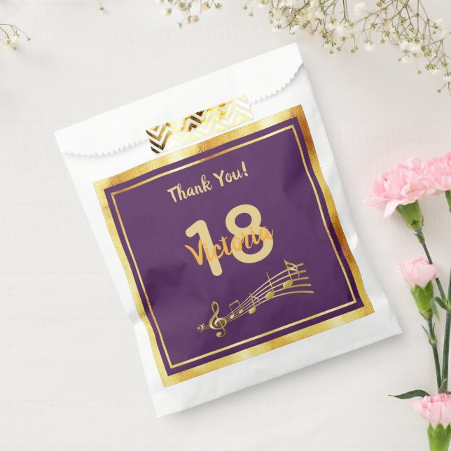 18th birthday party music notes purple gold name favour bag (Sealed)