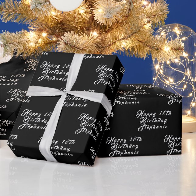 18th Birthday Party Name Black Modern Pattern Wrapping Paper (Holidays)
