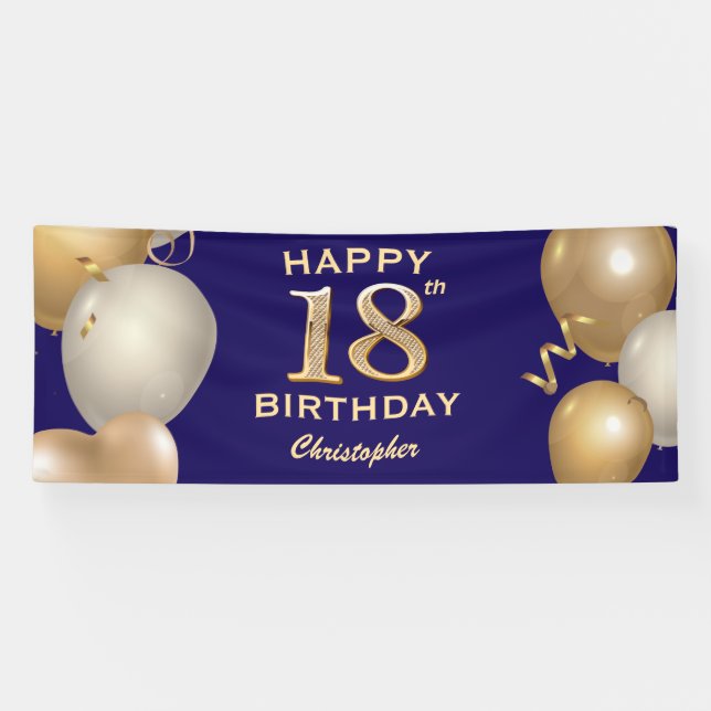 18th Birthday Party Navy Blue and Gold Balloons Banner (Horizontal)
