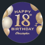 18th Birthday Party Navy Blue and Gold Balloons Classic Round Sticker<br><div class="desc">18th Birthday Party Navy Blue and Gold Balloons and Confetti Sticker. For further customisation,  please click the "Customise it" button and use our design tool to modify this template.</div>