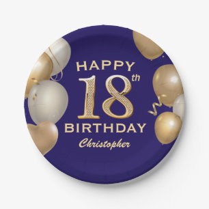 18th Birthday Party Navy Blue and Gold Balloons Paper Plate