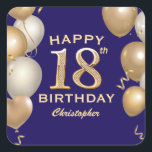 18th Birthday Party Navy Blue and Gold Balloons Square Sticker<br><div class="desc">18th Birthday Party Navy Blue and Gold Balloons and Confetti Sticker. For further customisation,  please click the "Customise it" button and use our design tool to modify this template.</div>