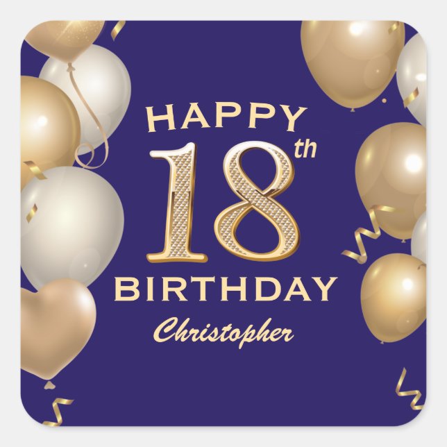18th Birthday Party Navy Blue and Gold Balloons Square Sticker (Front)