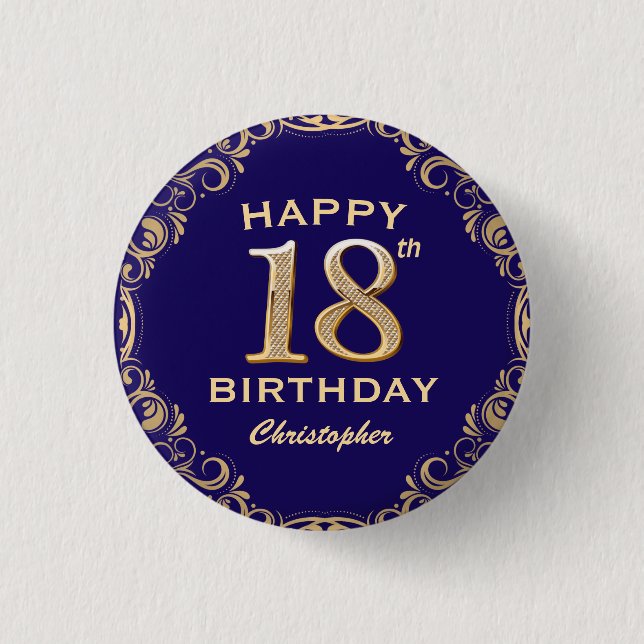 18th Birthday Party Navy Blue and Gold Glitter 3 Cm Round Badge (Front)