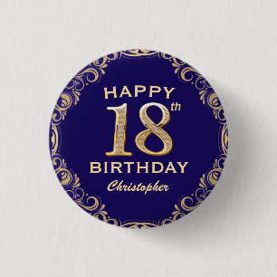 18th Birthday Party Navy Blue and Gold Glitter 3 Cm Round Badge