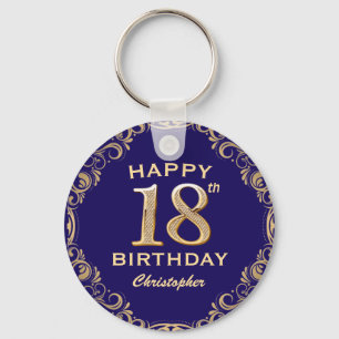 18th Birthday Party Navy Blue and Gold Glitter Key Ring