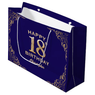 18th Birthday Party Navy Blue and Gold Glitter Large Gift Bag