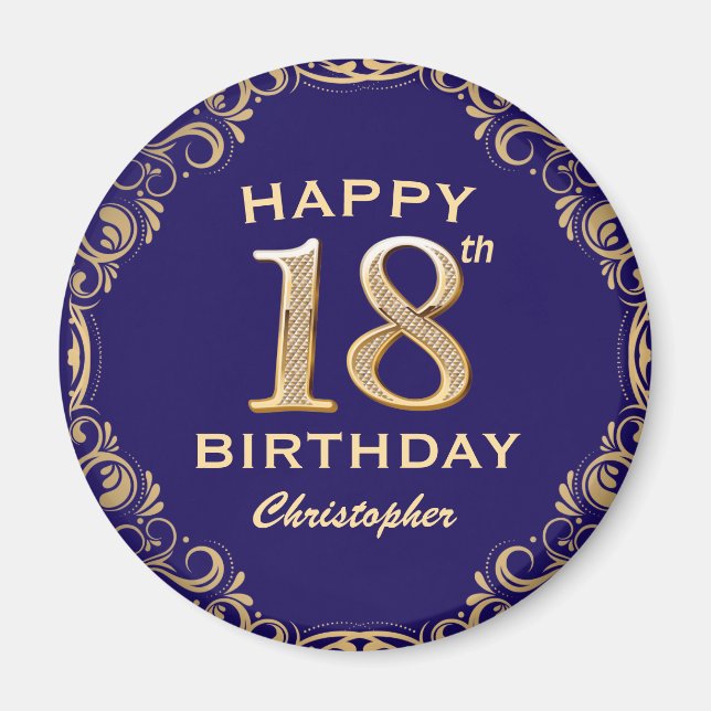 18th Birthday Party Navy Blue and Gold Glitter Magnet (Front)