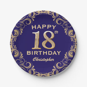 18th Birthday Party Navy Blue and Gold Glitter Paper Plate