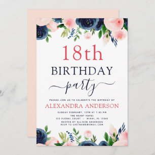 18th Birthday Party Navy Blue Blush Pink Floral Invitation