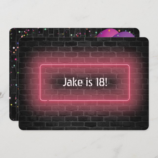 18th Birthday Party Neon sign on wall Invitation (Front/Back)