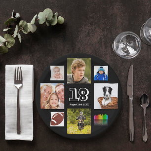 18th birthday party photo collage boy black paper plate