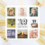 18th birthday party photo collage boy square sticker<br><div class="desc">A sticker for a 18th birthday party for a boy,  celebrating his life with a collage of 8 of your photos.  Templates for the age 18 and a date.  Date of birth or the date of the party.  Black coloured letters.  White background.</div>