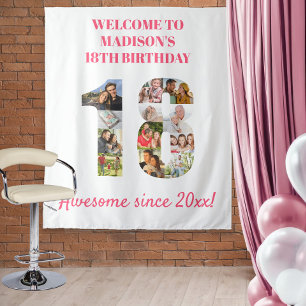18th Birthday Party Photo Collage Pink Backdrop Tapestry