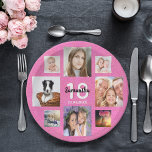 18th birthday party photo collage pink glitter paper plate<br><div class="desc">A paper plate for a 18th birthday party for a girl,  celebrating her life with a collage of 8 of your own photos.  Templates the age 18 and a date.  Date of birth or the date of the party.  White and black coloured letters.  Girly pink faux glitter background.</div>