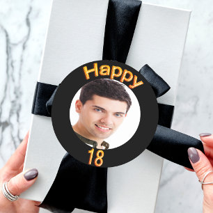 18th birthday party photo gold balloons black classic round sticker