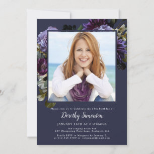 18th Birthday Party Photo Moody Purple Floral Invitation