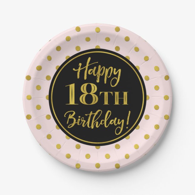 18th Birthday Party Pink Black Gold Dots Paper Pla Paper Plate (Front)