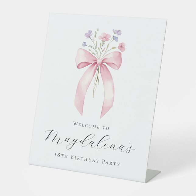 18th Birthday Party Pink Bow Wildflower Welcome Pedestal Sign (Front)