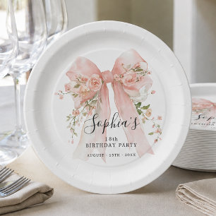 18th Birthday Party Pink Bow with Roses Custom Paper Plate
