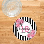 18th birthday party pink floral black stripes coaster set<br><div class="desc">A coaster for a 18th birthday party for a girl. Classic slim black and white vertical stripes as background. With girly, feminine and romantic pink roses as decoration. A white and pink frame on front with template for age 18, name and date. Age number in pink, name and date in...</div>