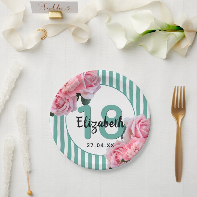 18th birthday party pink florals teal stripes name paper plate (Wedding)