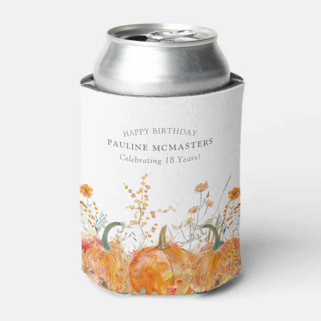 18th Birthday Party Pumpkin Wildflower Custom Can Cooler (Can Front)