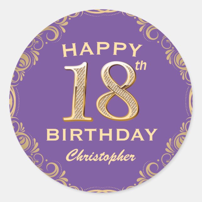18th Birthday Party Purple and Gold Glitter Frame Classic Round Sticker (Front)