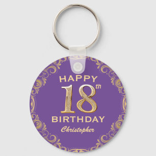 18th Birthday Party Purple and Gold Glitter Frame Key Ring
