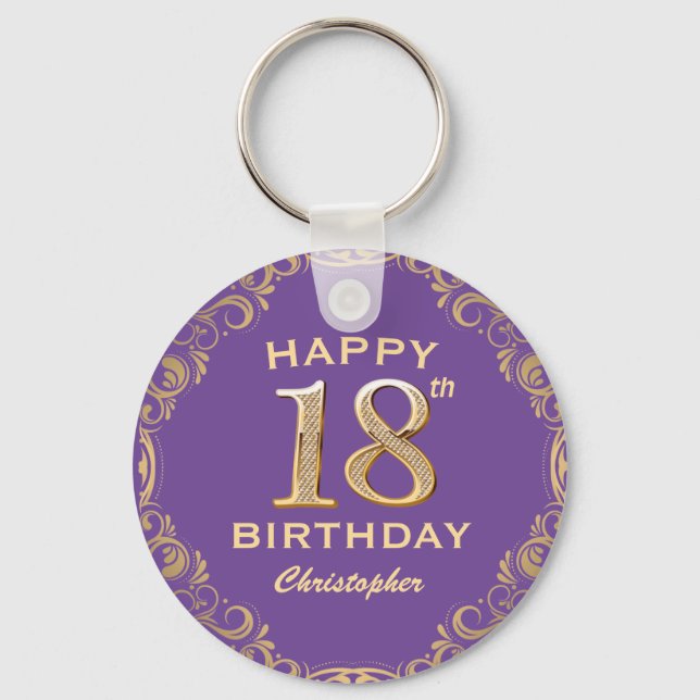 18th Birthday Party Purple and Gold Glitter Frame Key Ring (Front)