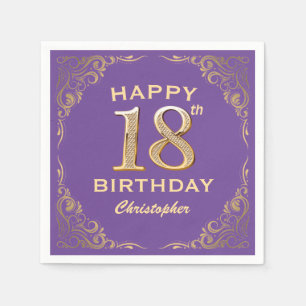 18th Birthday Party Purple and Gold Glitter Frame Napkin