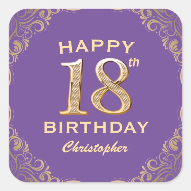 18th Birthday Party Purple and Gold Glitter Frame Square Sticker (Front)