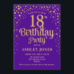 18th Birthday Party - Purple & Gold Invitation<br><div class="desc">18th Birthday Party Invitation.
Elegant design in royal purple and faux glitter gold. Features stylish script font and confetti. Message me if you need custom age.</div>