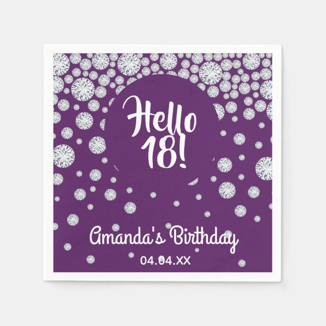 18th birthday party purple hello 18 diamonds name napkin (Front)