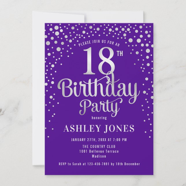 18th Birthday Party - Purple & Silver Invitation (Front)