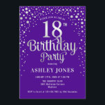18th Birthday Party - Purple & Silver Invitation<br><div class="desc">18th Birthday Party Invitation.
Elegant design in royal purple and faux glitter silver. Features stylish script font and confetti. Message me if you need custom age.</div>