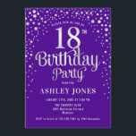 18th Birthday Party - Purple & Silver Invitation<br><div class="desc">18th Birthday Party Invitation.
Elegant design in royal purple and faux glitter silver. Features stylish script font and confetti. Message me if you need custom age.</div>