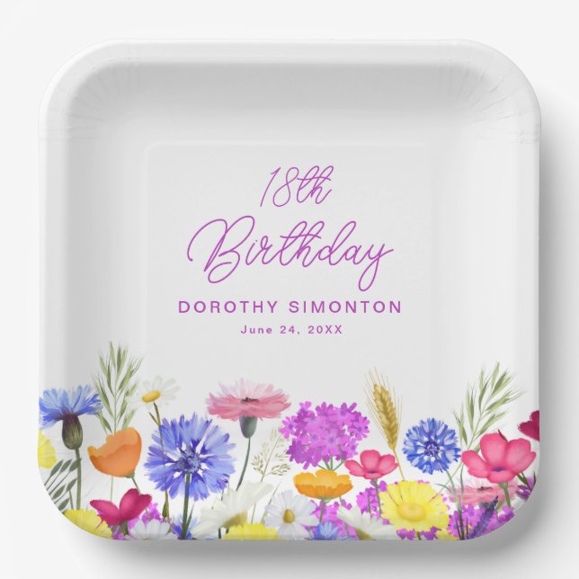 18th Birthday Party Purple Wildflower Custom Paper Plate (Front)