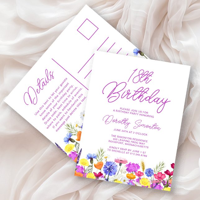 18th Birthday Party Purple Wildflowers Affordable Invitation Postcard (Creator Uploaded)
