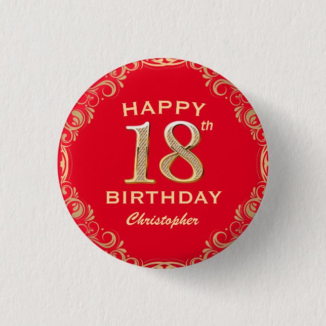 18th Birthday Party Red and Gold Glitter Frame 3 Cm Round Badge (Front)