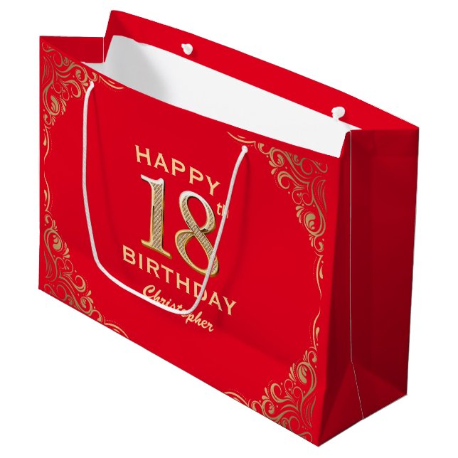 18th Birthday Party Red and Gold Glitter Frame Large Gift Bag (Front Angled)