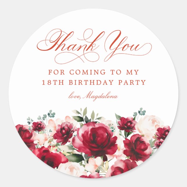 18th Birthday Party Red Pink Floral Thank You Classic Round Sticker (Front)