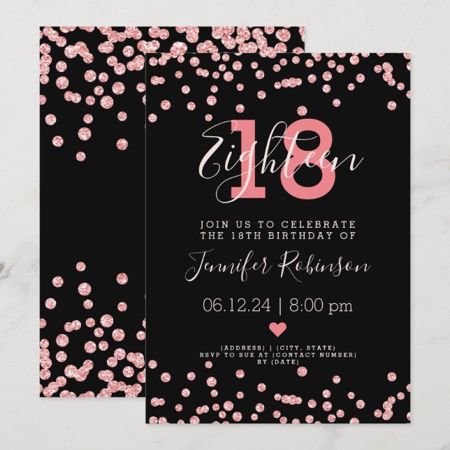 18th Birthday Party Rose Gold Glam Glitter Black  Invitation (Front/Back)
