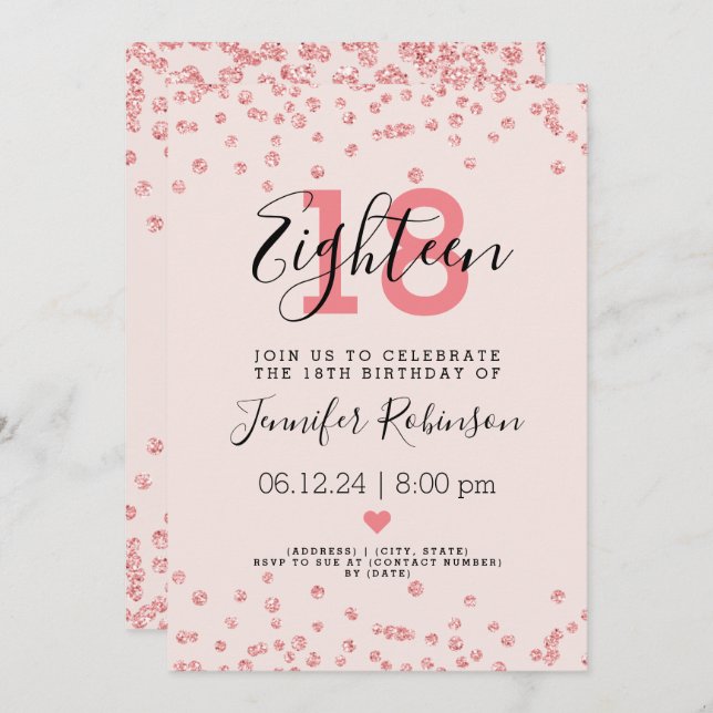 18th Birthday Party Rose Gold Glam Glitter Blush  Invitation (Front/Back)