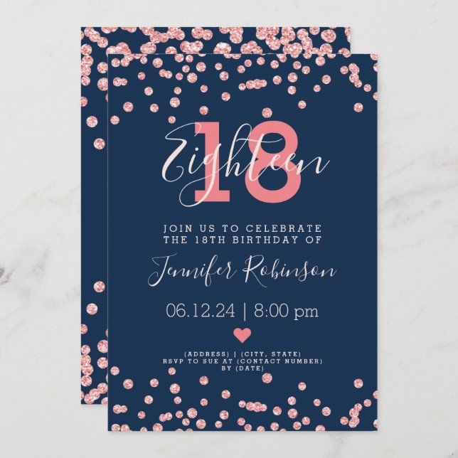 18th Birthday Party Rose Gold Glam Glitter Navy  Invitation (Front/Back)