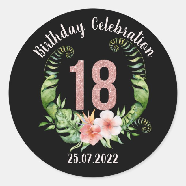 18th Birthday Party rose gold glitter custom text Classic Round Sticker (Front)
