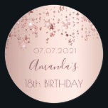 18th birthday party rose gold shiny stars glittery classic round sticker<br><div class="desc">A sticker, favour tag for a girly 18th birthday party. A faux rose gold metallic looking background with an elegant rose gold, copper coloured dripping shining stars. Template for name, date age 18. The name is written in dark rose gold with a large modern hand lettered style script. Perfect as...</div>