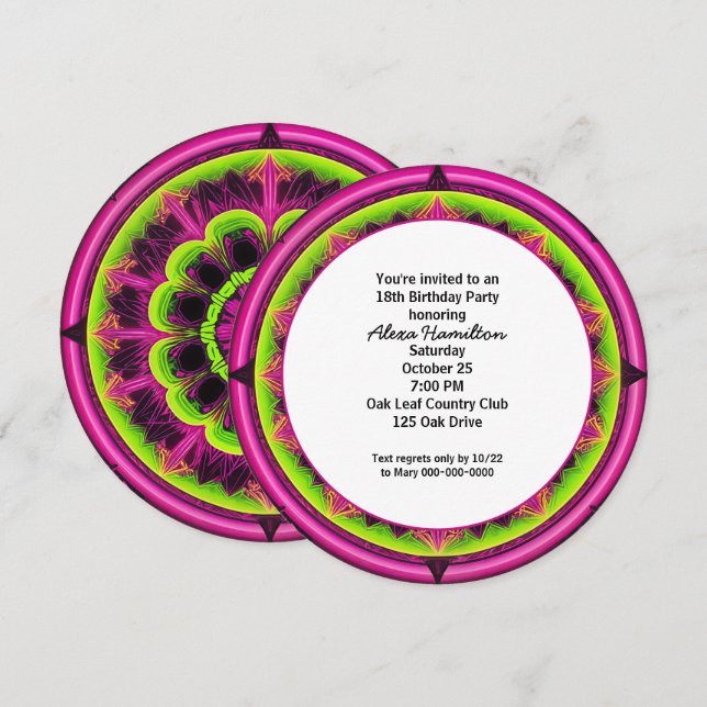 18th Birthday Party Round Neon Kaleidoscope  Invitation (Front/Back)
