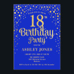 18th Birthday Party - Royal Blue & Gold Invitation<br><div class="desc">18th Birthday Party Invitation.
Elegant design in royal blue and faux glitter gold. Features stylish script font and confetti. Message me if you need custom age.</div>